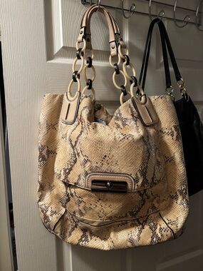 Beige Snake-Print Hobo Bag with Chain-Link Handles